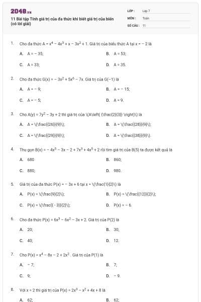 11 Bài tập Tính giá trị của đa thức khi biết giá trị của biến (có lời giải)