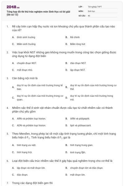 Tổng hợp đề thi thử trắc nghiệm môn Sinh Học có lời giải (Đề số 13)