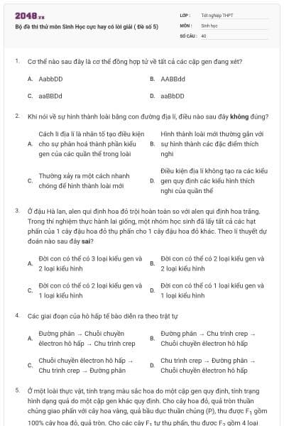Bộ đề thi thử môn Sinh Học cực hay có lời giải ( Đề số 5)