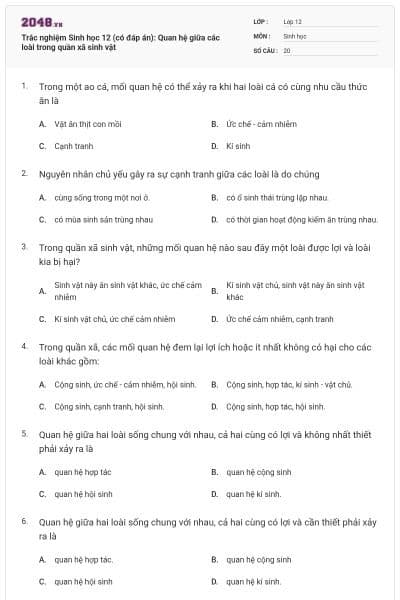 Trắc nghiệm Sinh học 12 (có đáp án): Quan hệ giữa các loài trong quần xã sinh vật