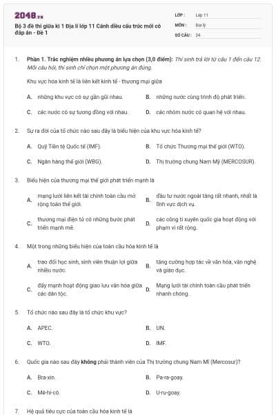 Bộ 3 đề thi giữa kì 1 Địa lí lớp 11 Cánh diều cấu trúc mới có đáp án - Đề 1