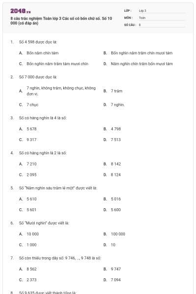 8 câu trắc nghiệm Toán lớp 3 Các số có bốn chữ số. Số 10 000 (có đáp án)
