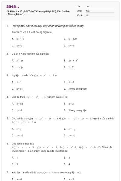 Đề kiểm tra 15 phút Toán 7 Chương 4 Đại Số (phần Đa thức - Trắc nghiệm 1)