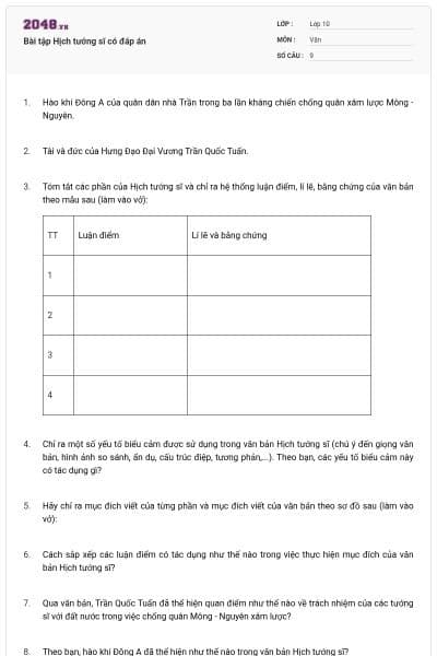 Bài tập Hịch tướng sĩ có đáp án