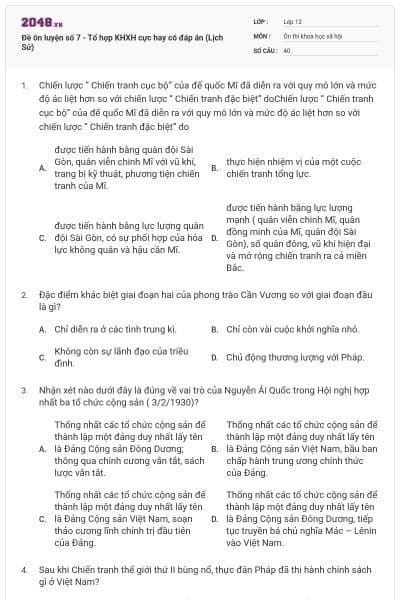 Đề ôn luyện số 7 - Tổ hợp KHXH cực hay có đáp án (Lịch Sử)