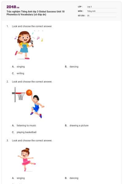 Trắc nghiệm Tiếng Anh lớp 3 Global Success Unit 18 Phonetics & Vocabulary (có đáp án)