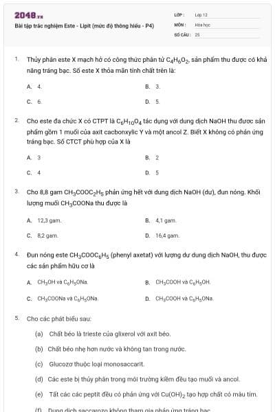 Bài tập trắc nghiệm Este - Lipit (mức độ thông hiểu - P4)