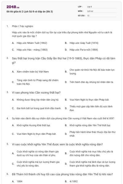 Đề thi giữa kì 2 Lịch Sử 8 có đáp án (Đề 3)
