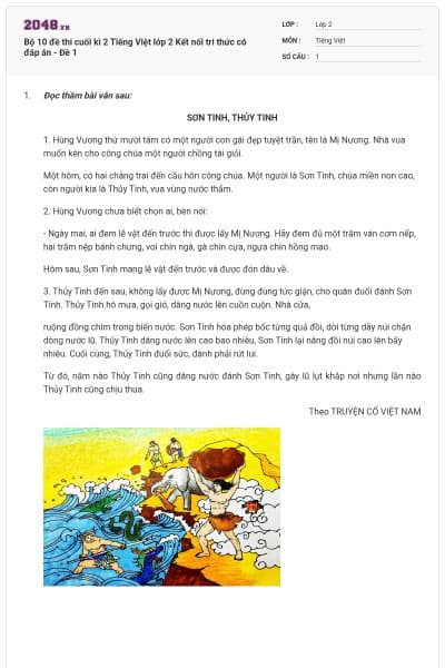 Bộ 10 đề thi cuối kì 2 Tiếng Việt lớp 2 Kết nối tri thức có đáp án - Đề 1