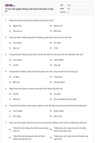 10 câu Trắc nghiệm Những cánh buồm Cánh diều có đáp án