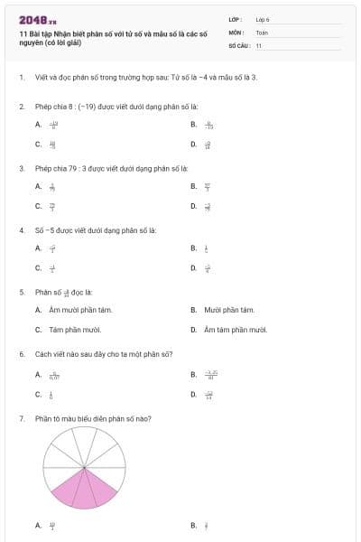 11 Bài tập Nhận biết phân số với tử số và mẫu số là các số nguyên (có lời giải)