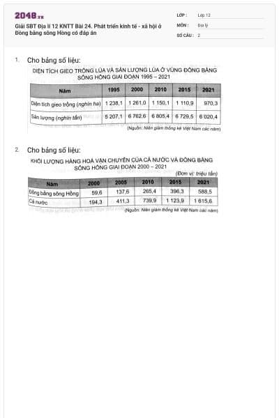 Giải SBT Địa lí 12 KNTT Bài 24. Phát triển kinh tế - xã hội ở Đồng bằng sông Hồng có đáp án