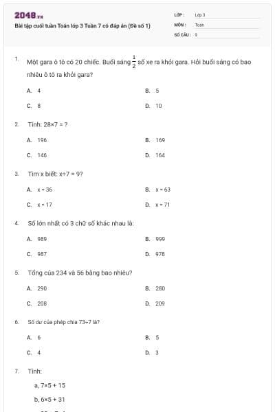 Bài tập cuối tuần Toán lớp 3 Tuần 7 có đáp án (Đề số 1)