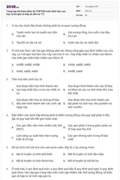 Tổng hợp đề tham khảo thi THPTQG môn Sinh Học cực hay có lời giải có đáp án (Đề số 17)
