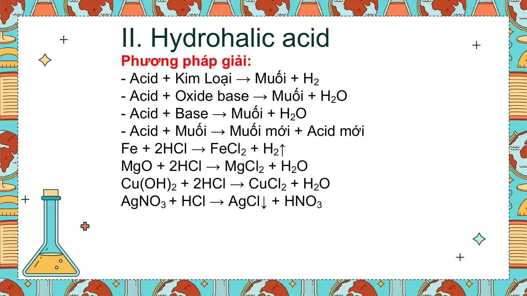 II. Hydrohalic acid
Phương pháp giải:
- Acid + Kim Loại → Muối + H2
- Acid + Oxide base → Muối + H2O
- Acid + Base → Muối + H2O
- Acid + Muối → Muối mới + Acid mới
Fe + 2HCl → FeCl2 + H2↑
MgO + 2HCl → MgCl2 + H2O
Cu(OH)2 + 2HCl → CuCl2 + H2O
AgNO3 + HCl → AgCl↓ + HNO3