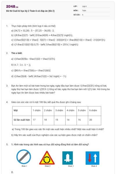 Đề thi Cuối kì học kỳ 2 Toán 6 có đáp án (Đề 2)