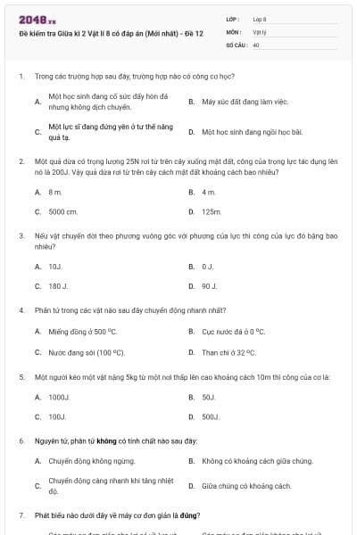 Đề kiểm tra Giữa kì 2 Vật lí 8 có đáp án (Mới nhất) - Đề 12