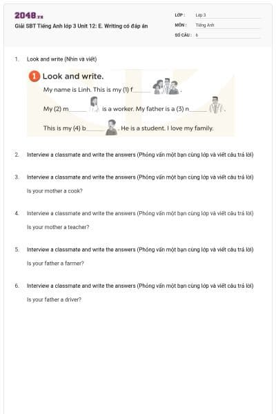 Giải SBT Tiếng Anh lớp 3 Unit 12: E. Writing có đáp án