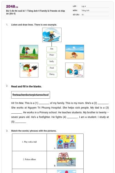 Bộ 5 đề thi cuối kì 1 Tiếng Anh 4 Family & Friends có đáp án (Đề 4)