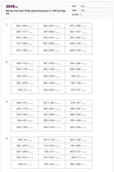 Bài tập Toán lớp 2 Phép cộng trong phạm vi 1 000 (có đáp án)
