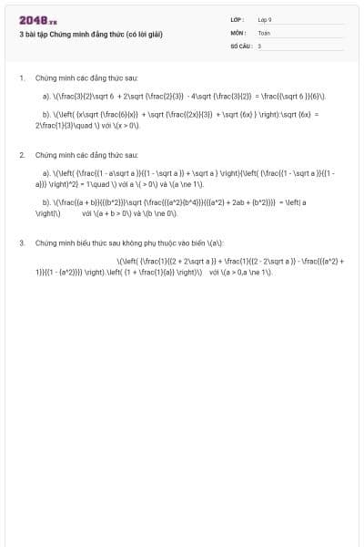 3 bài tập Chứng minh đẳng thức (có lời giải)