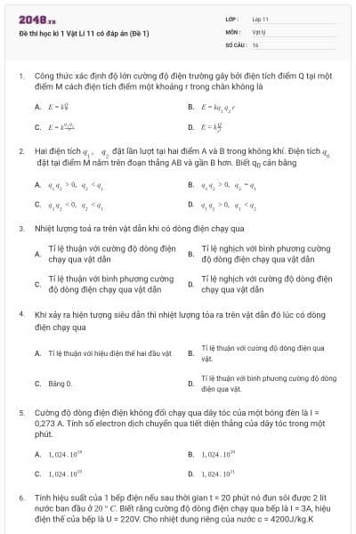 Đề thi học kì 1 Vật Lí 11 có đáp án (Đề 1)