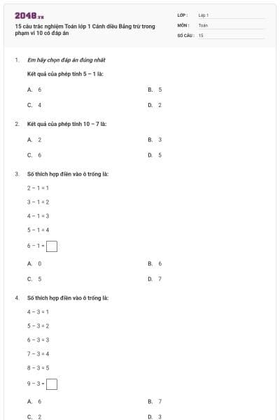 15 câu trắc nghiệm Toán lớp 1 Cánh diều Bảng trừ trong phạm vi 10 có đáp án