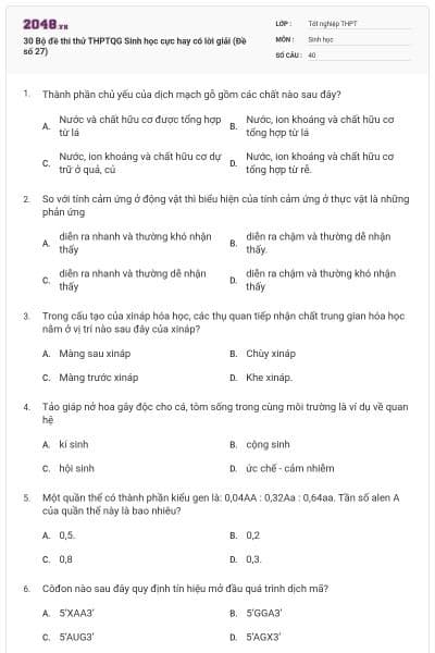 30 Bộ đề thi thử THPTQG Sinh học cực hay có lời giải (Đề số 27)