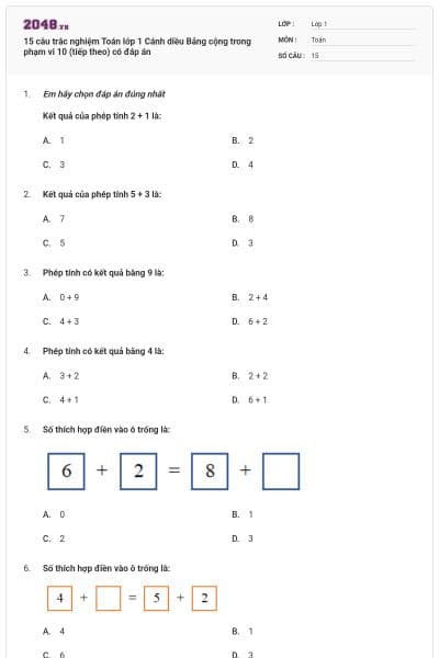 15 câu trắc nghiệm Toán lớp 1 Cánh diều Bảng cộng trong phạm vi 10 (tiếp theo) có đáp án