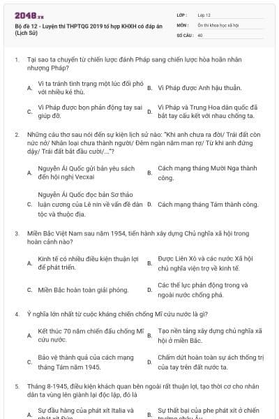 Bộ đề 12 - Luyện thi THPTQG 2019 tổ hợp KHXH có đáp án (Lịch Sử)