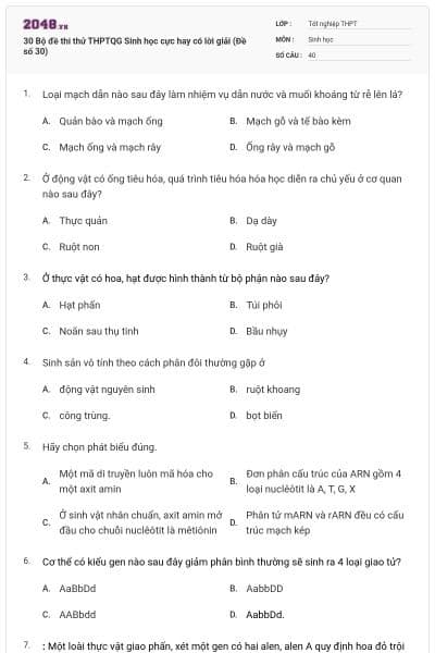 30 Bộ đề thi thử THPTQG Sinh học cực hay có lời giải (Đề số 30)