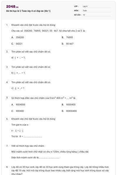 Đề thi học kì 2 Toán lớp 4 có đáp án (Đề 1)