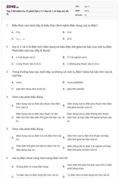 Top 4 Đề kiểm tra 15 phút Vật Lí 11 Học kì 1 có đáp án( đề 4)