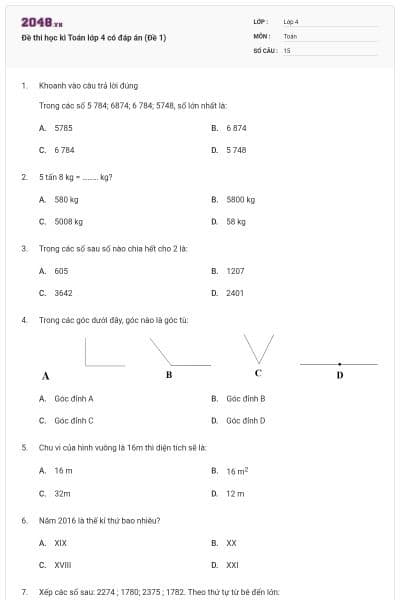 Đề thi học kì Toán lớp 4 có đáp án (Đề 1)