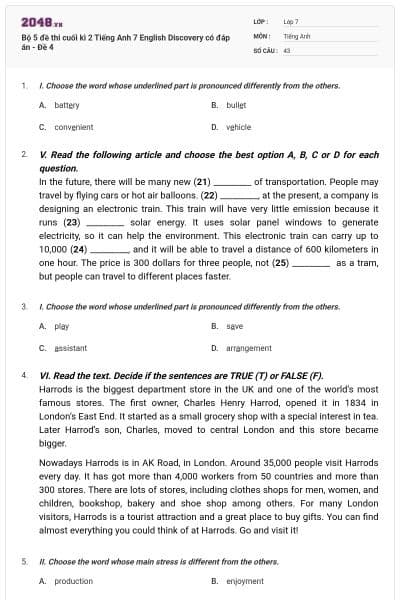 Bộ 5 đề thi cuối kì 2 Tiếng Anh 7 English Discovery có đáp án - Đề 4