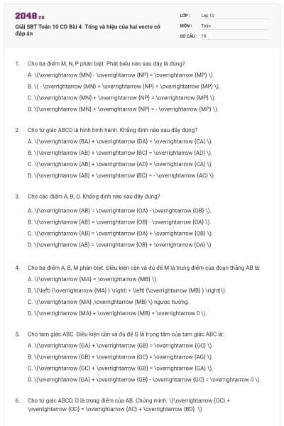 Giải SBT Toán 10 CD Bài 4. Tổng và hiệu của hai vectơ có đáp án