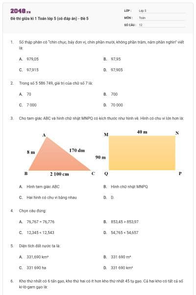 Đề thi giữa kì 1 Toán lớp 5 (có đáp án) - Đề 5
