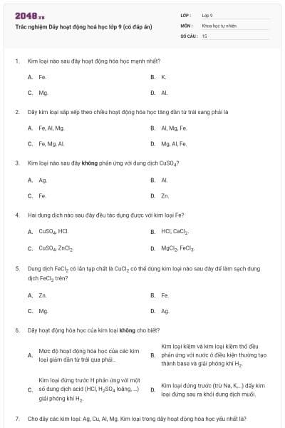 Trắc nghiệm Dãy hoạt động hoá học lớp 9 (có đáp án)