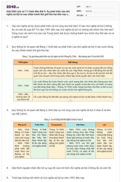 Giải SGK Lịch sử 11 Cánh diều Bài 4: Sự phát triển của chủ nghĩa xã hội từ sau chiến tranh thế giới thứ hai đến nay có đáp án