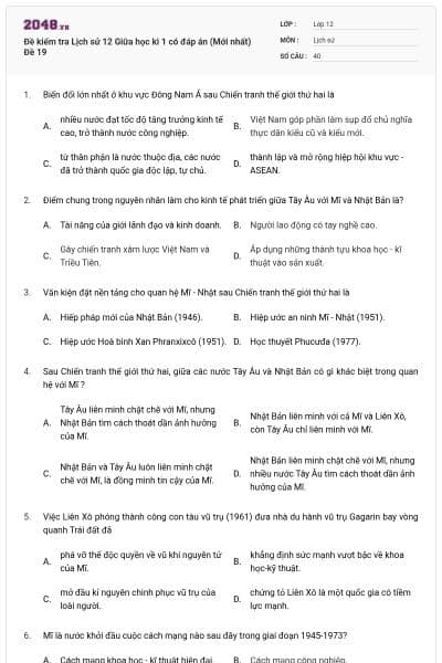 Đề kiểm tra Lịch sử 12 Giữa học kì 1 có đáp án (Mới nhất) Đề 19