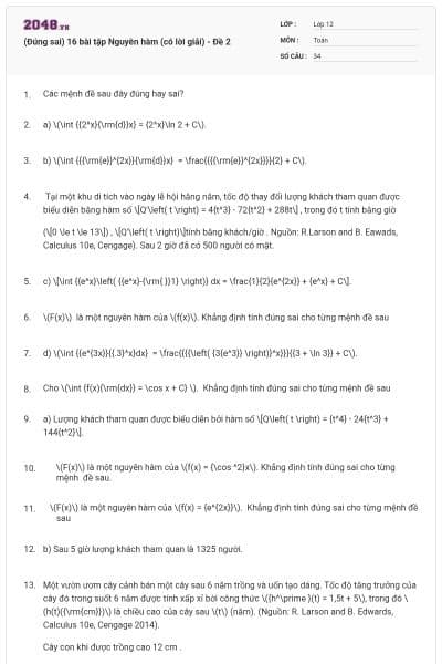 (Đúng sai) 16 bài tập Nguyên hàm (có lời giải) - Đề 2