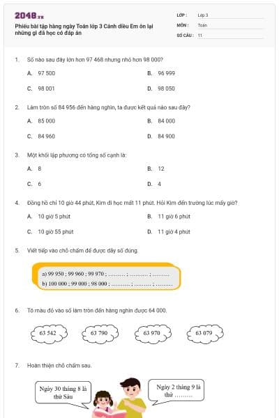 Phiếu bài tập hàng ngày Toán lớp 3 Cánh diều Em ôn lại những gì đã học có đáp án