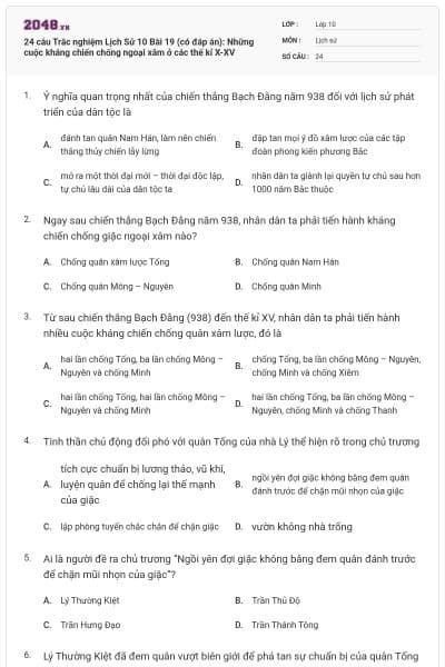 24 câu Trắc nghiệm Lịch Sử 10 Bài 19 (có đáp án): Những cuộc kháng chiến chống ngoại xâm ở các thế kỉ X-XV