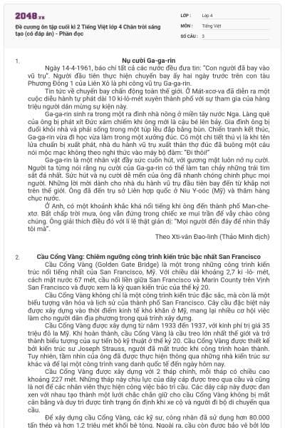 Đề cương ôn tập cuối kì 2 Tiếng Việt lớp 4 Chân trời sáng tạo (có đáp án) - Phần đọc