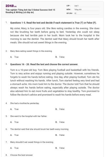 Trắc nghiệm Tiếng Anh lớp 5 Global Success Unit 15 Reading & Writing (có đáp án)