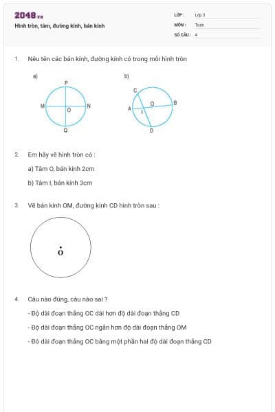Hình tròn, tâm, đường kính, bán kính