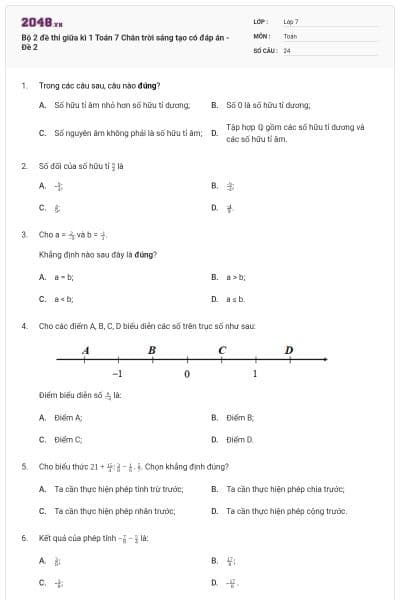 Bộ 2 đề thi giữa kì 1 Toán 7 Chân trời sáng tạo có đáp án - Đề 2