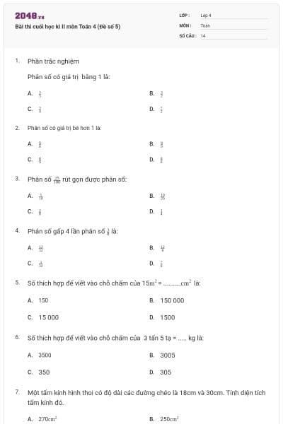 Bài thi cuối học kì II môn Toán 4 (Đề số 5)