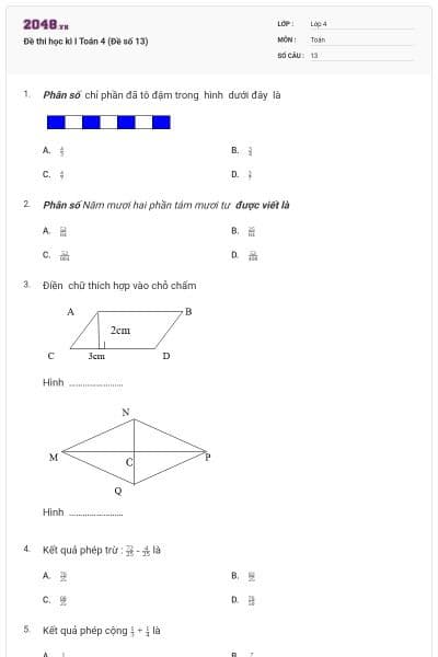 Đề thi học kì I Toán 4 (Đề số 13)