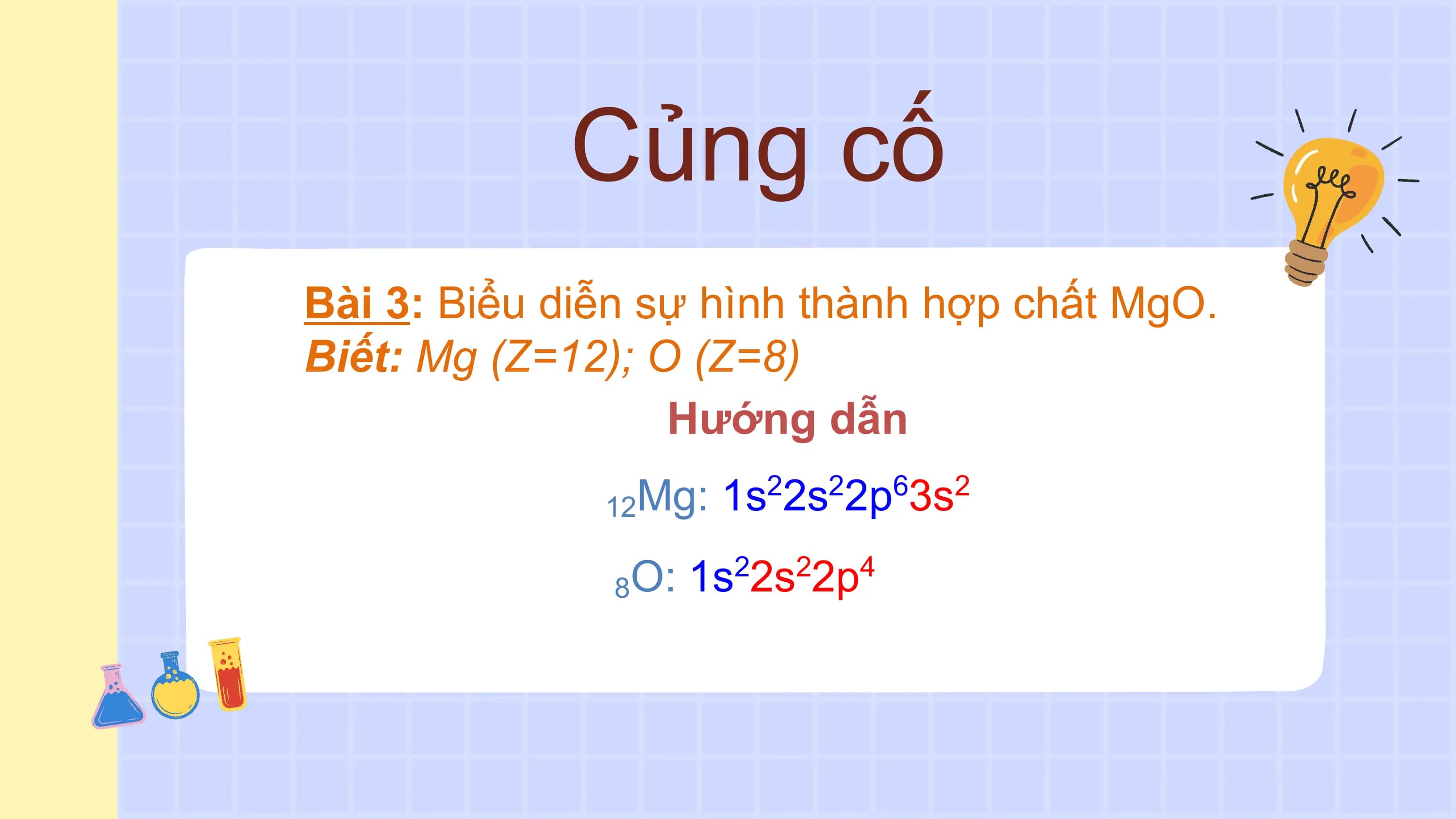 Củng cố
Bài 3: Biểu diễn sự hình thành hợp chất MgO.
Biết: Mg (Z=12); O (Z=8)
Hướng dẫn
12Mg: 1s 2s 2p 3s
2 2 6 2
8O: 1s 2s 2p
2 2 4